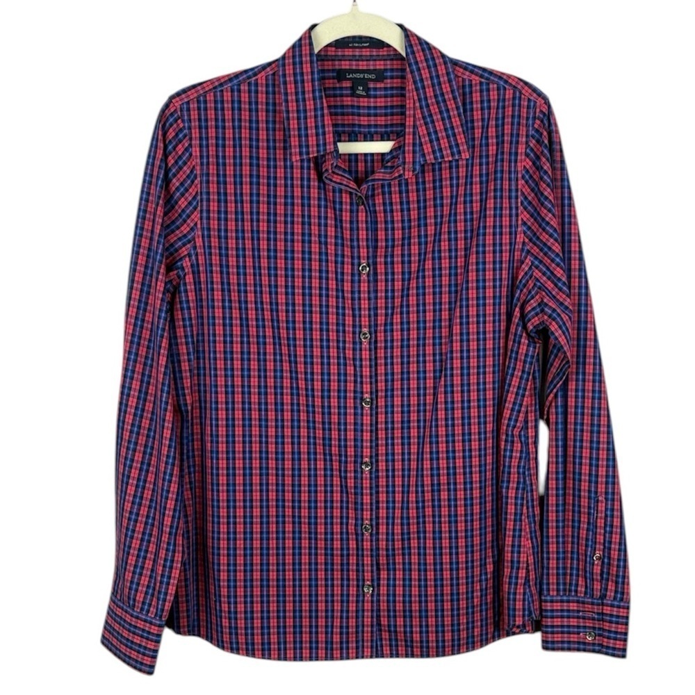 Lands' End No Iron Supima Cotton Plaid Pink Blue Long Sleeve Blouse Size 12